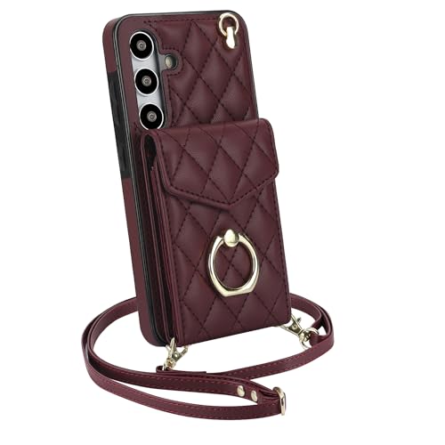 Étui portefeuille pour Samsung Galaxy S24 avec porte-cartes cuir rouge et cordon