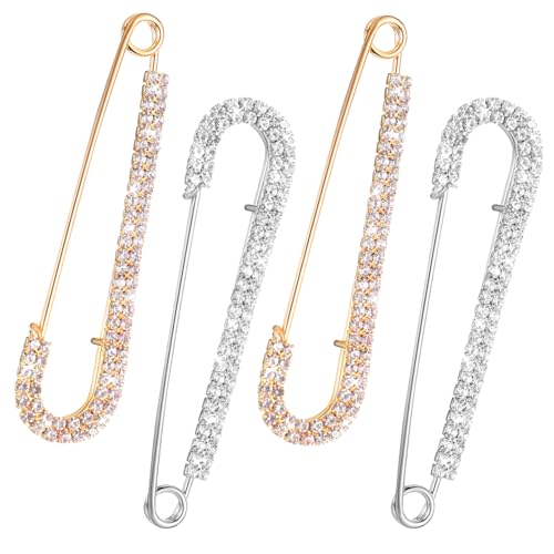 Image of Yolev 4 Pcs Rhinestone Safety Pins for Women: Decorative Brooch Pins, Sweater Shawl Clips, Shiny Silver & Gold, Modern Style
