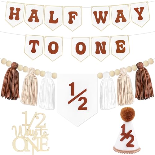 Image of 1 /2 Birthday Brown Half Birthday Decorations - White Brown It's My 1 /2 Birth Banner Glitter Cake Topper Tassel Wood Bead High Chair Banner & Cone, Hat Halfway to One Party Supplies