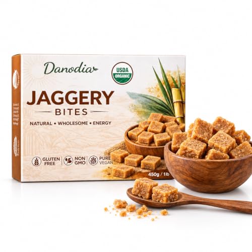 Danodia Foods USDA Organic Jaggery Bites, Cane Gur/Gud Sweetener, 1 lb Pack