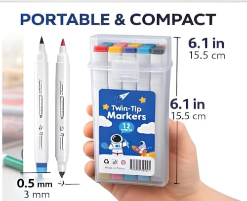Image of Twin-Tip Marker Pens Set | Dual Tip Art Markers with Fine & Broad Nibs | Assorted Color Sketch Pens with Storage Case for Drawing, Coloring, School Projects, Kids & Adults (Pack Of 48)