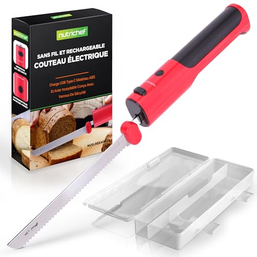 NutriChef Couteau Électrique de Cuisine – Couteau à Découper pour Viande, Volaille, Pain et Fromage, Lames en Acier, Modèle Sans Fil, Bouton Sécurité ON/OFF, Rouge