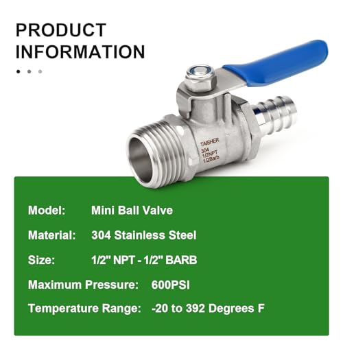 Válvula de bola TAISHER de acero inoxidable 304 con conector de manguera 1,27 cm y NPT macho 6