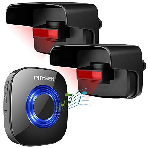 Driveway Alarm,PHYSEN Outdoor Weatherproof Wireless Motion Detector,Security Alert System,2 PIR Motion Sensors & 1 Plug-in Receiver,58 Chimes/LED Indicator/Mute Mode,500ft Range,Fit for Home/Garage