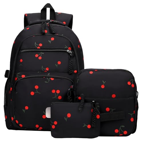 Image of Coquette Cherry Backpack - Cute Kawaii Backpack Set Aesthetic Daypack Cute Rucksack (C02 Cherry Black)