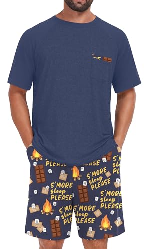 Image of Mens Pajamas Set Lightweight Summer Pjs Sleepwear Quick Dry Soft Comfy Short Sleeve Blue Choc Print With Pocket (S-4X)