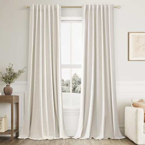 Extra Long 100% Blackout Linen Curtains for Bedroom 100 Inches Long Natural Cream Black Out Curtain Back Tab Thermal Insulated Room Darkening Window Drapes for Living Room 2 Panels Beige Ivory 52x100