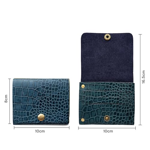 Image of STRUTT Croc Textured Genuine Leather Batua Wallet for Men & Women | Handcrafted Blue Leather Cash & Card Holder | Snap Button Closure | Compact Ethnic Money Pouch