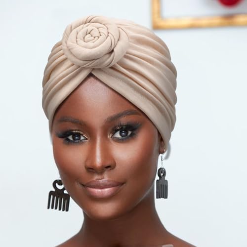 Image of DRESHOW 5 Pack Knotted Headwraps for Women African Turban Pre-Knotted Beanie Headwraps Hair Covers