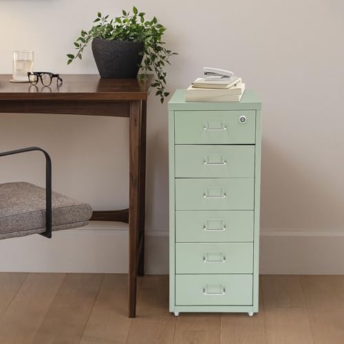 Image of 6 Drawer Vertical File Cabinet, Filing Cabinets for Home Office, Metal File Storage Cabinet with Lock & Wheels, Small Locking File Cabinet with Drawers for Letter /Legal /F4 /A4 (Light Green)