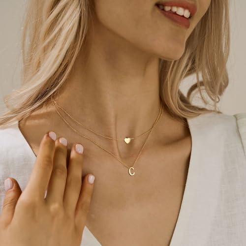 MOMOL 18K Gold Plated Stainless Steel Layered Heart Initial Necklace Personalized Tiny Letter Choker Necklace Monogram Name Necklace for Women2