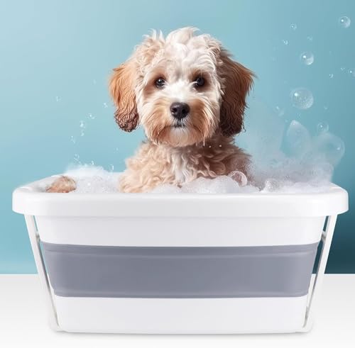 ddLUCK Foldable Dog Bath Tub,Collapsible Portable Pet Bathtub,Folding Sturdy Cat Bath Shower Tub for Small and Medium Sized Pets With Strong Support(Grey and White)