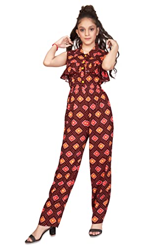 Image of Jwalin Girls Front Button Ruffle Pattern Maxi Jumpsuit(Brown 13-14 Years)