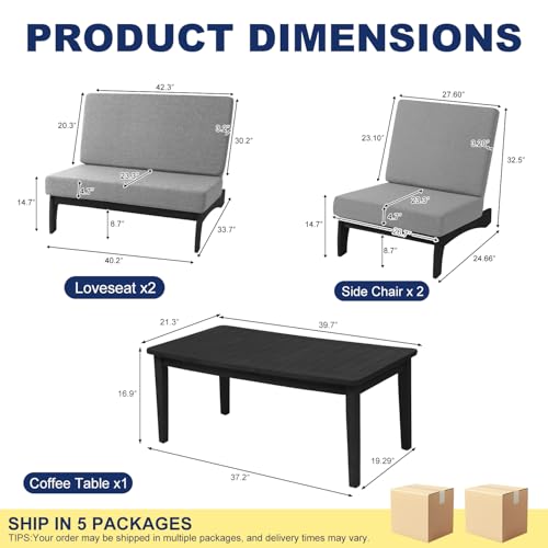 Image of Pia Ricoo 4 Piece Patio Furniture Sets, Outdoor Furniture with 2 Chairs & Coffee Table, Patio Conversation Set for Backyard, Deck, Lawn, Gray, Dark Wood