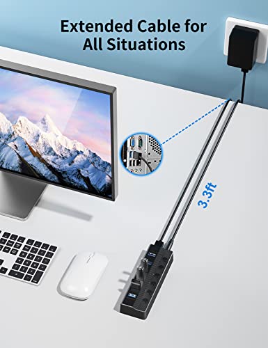 6-Port Usb 3.0 Hub, Lurmmue Usb Splitter For Laptop With Individual On/Off Switches And Light, 3Ft Long Cord, Usb Port Hub Extension For Pc And Computer #TOP4