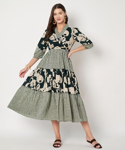 Image of PIDAVLIYA'S Women's Floral Summer Maxi Dress I Cotton Printed I One Piece Bodycon Midi Dress with V-Neck, Puffed Sleeves