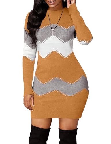 PEHMEA Damen Gestreiftes Mini Bodycon Pulloverkleid Langarm Strick Slim Fit Pullover Kleider, gelb, Klein