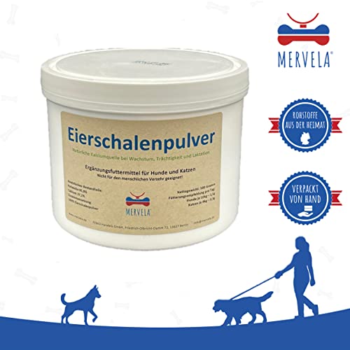 MERVELA Eierschalenpulver Hunde | 500 Gramm | Eiweißpulver | Eierschalen gemahlen | Kalzium für Hunde & Katzen | Eierschale | 100% natürlich | Hundefutter-Futterzusatz | Calcium Knochen & Zähne