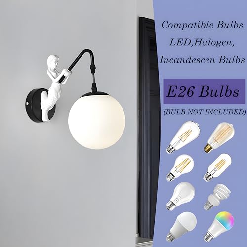 Image of Bofea-Modern Wall Sconces Mermaid Wall Light Fixtures Globe Bathroom Vanity Sconce Vintage Sconces Lighting with Milk Glass Shade & Resin Body Black Vintage Sconce for Hallway Foyer Lighting