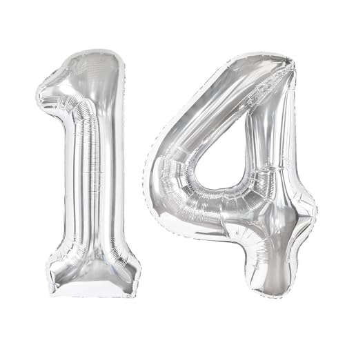 Image of Silver Number 14 Balloon 40 inch, 14 Number Balloons, 14th Silver Birthday Decorations, 14 Year Old Silver Party Supplies