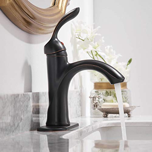 Homevacious Bathroom Sink Faucet Single Handle Oil Rubbed Bronze Bath Stream Lavatory Vanity One Hole Lever Basin Mixer Tap Deck Mount Low-Arc Long Spout Commercial Supply Hose Lead-Free #TOP1