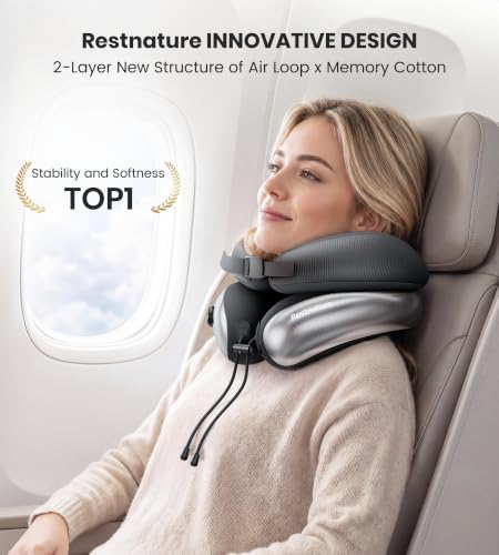 Image of Neck Pillow, Upgraded Adjustable Travel Neck Pillow for Airplane - Patented Inflatable Design with Memory Foam for 360 Ergonomic Head & Neck Support (White-M)