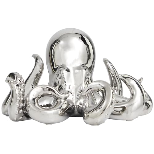Image of Deco 79 Ceramic Octopus Decorative Sculpture Home Decor Statue with Textured Tentacles, Accent Figurine 12 inch x 11 inch x 7 inch, Silver