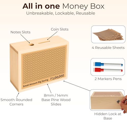 Image of Unbreakable, Lockable Wooden Money Saving Box for Adults - 1 Lakh Capacity | Reusable Piggy Bank | Money Bank with Amount 100000 | 1 Yr Warranty