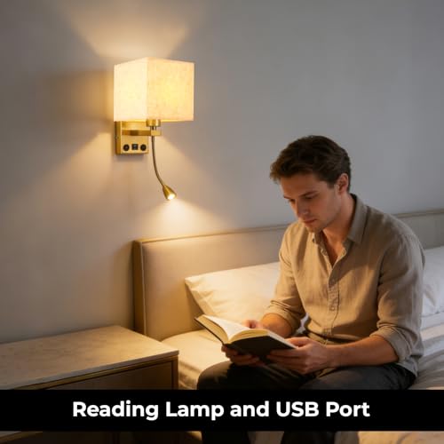 Image of Wall Sconces, Hardwired Wall Lamp with USB Port White Fabric Shade Bedside Wall Lights with Reading Lamp for Bedroom Living Room Hotels and Office (Gold)