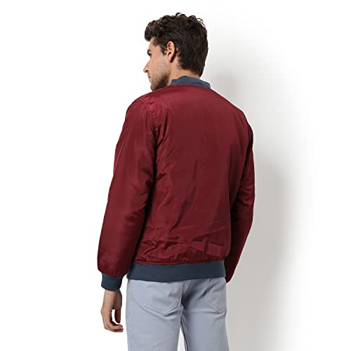 Image of Campus Sutra Men's Maroon Solid Puffer Regular Fit Bomber Jacket For Winter Wear | Low-Cut Standing Collar | Full Sleeve | Zipper | Casual Jacket For Man | Western Stylish Jacket For Men