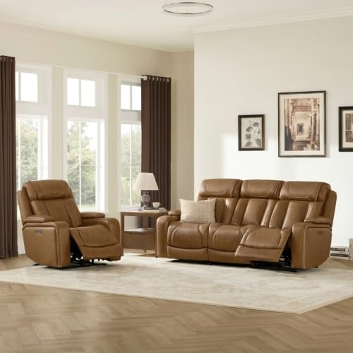 Image of Watson & Whitely Power Reclining Sofa 3-Seat, Genuine Leather Saddle Brown