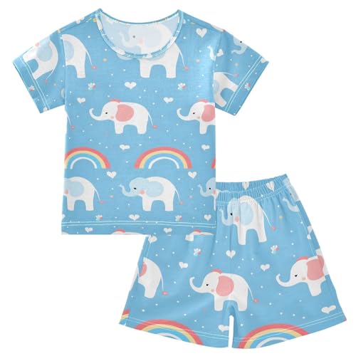 ALAZA Cute Elephant Love Heart Blue Pajamas Set Short Sleeve Cotton Sleepwear Summer Pjs 2 Piece 5-14Y