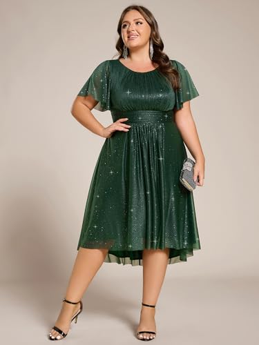 Ever-Pretty Plus Women's Round Neck Glitter Elastic Band Back Short Sleeves Midi Plus Size Formal Wedding Guest Dresses3