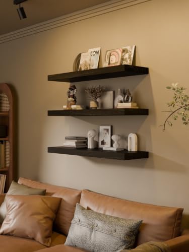 Image of 36-Inch Floating Shelves, Set of 3 Wall Mounted Storage Ledges, 12-Inch Deep Extra-Thick Solid Paulownia Wood Shelving for Kitchen, Living Room, Bedroom & Bathroom, Black