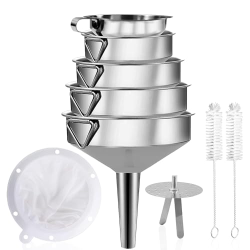 Gucass 9 Stk Edelstahl Trichter Set, Küche Trichter mit Griff, Marmeladentrichter mit Sieb, 200 Mesh Filter, Reinigungsbürste, Einfülltrichter zum Übertragen Gewürzen Flüssigkeiten Pulver Konfitüre