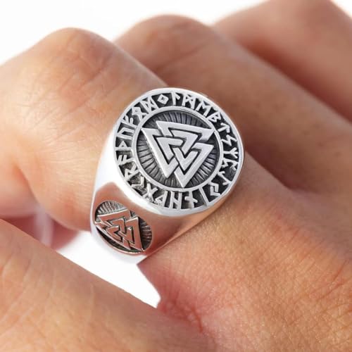 Image of THE MEN THING Pure Titanium Steel Ring - Silver Triple Valknut Ring with Rune Circle Symbol, Odin Symbol - Norse Scandinavian Viking Signet Ring for Men & Boys (26)