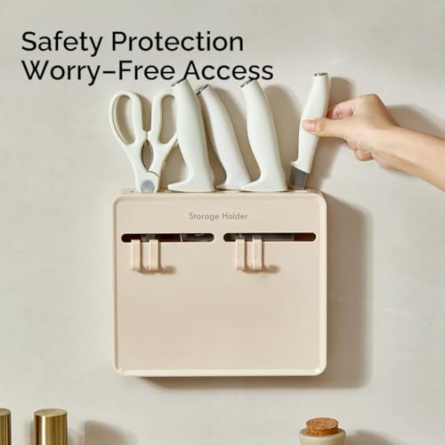Image of SKYTONE Wall Mounted Kitchen Organizer Rack with 4 Adjustable Hooks & Towel Bar, Space Saving Wall Storage for Knives & Utensils, ABS Rust-Resistant Black (Knife Holder)