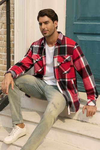 Image of Cromoncent Mens Boys Thick Flannel Shirt Long Sleeve Shirt Jacket Casual Button Down Multi Pockets Shacket
