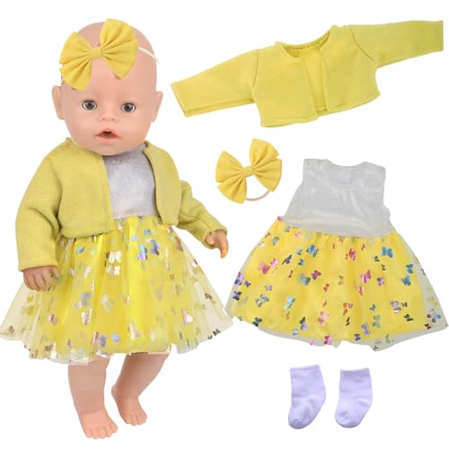 Ropa para muñecas de 14 a 18 Pulgadas, Vestido de Gasa Amarilla. Incluye Vestido de Lentejuelas, Chaqueta Amarilla, Tocado con Lazo Amarillo y Calcetines Blancos. Bonitos Conjuntos para muñecas de 43