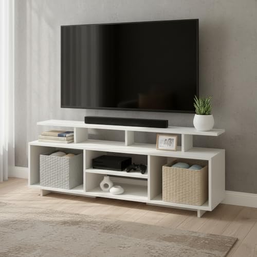 Image of FURNEASER Eskido Engineered Wood TV Entertainment Unit, Floor Standing TV Cabinet with Storage Shelves for Living Room, TV Stand for 32,43,50 & 55 Inch TV (Exotic Teak & White) (White New)