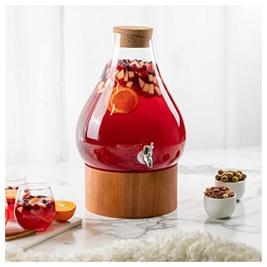 Classic Home Teardrop Clear Glass Ice Cold Beverage Drink Dispenser- 2.75 Gallon, With Cork Lid & Modern Wood Base Leak Proof Spigot- Wide Mouth Easy Filling For Outdoor, Parties & Daily Use