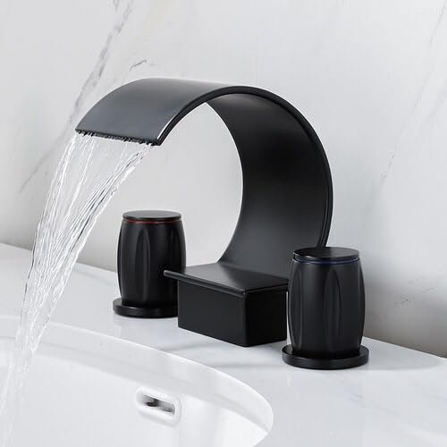 Brass Bathroom Faucet Set Dual Holder Three-Hole Wash Basin Faucet Split Hot and Cold Water Sink Taps Waterfall Black Tap(SLT3PC