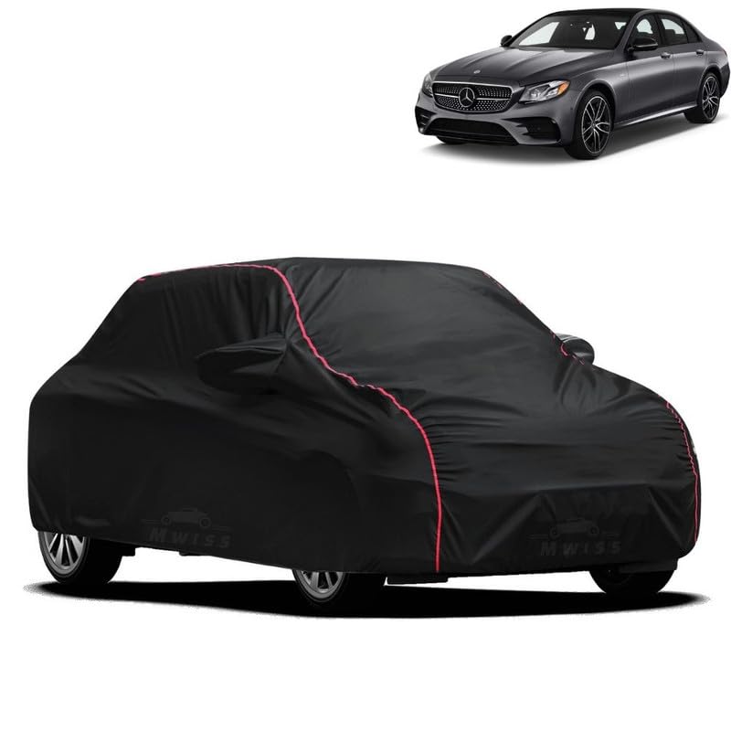 Image of Waterproof Car Cover for Mercedes Benz EClass | All-Weather Protection, Dustproof & UV Resistant | Triple Stitched Mirror Pockets, Windproof Buckle Strap with Elastic Hem, Black-Red Piping