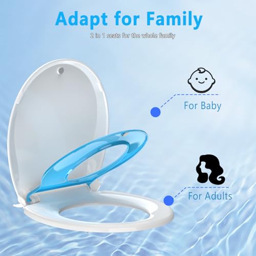 Image of Aunsffer Toddler Toilet Seat with Potty Training Seat Round 16.5inch, 2 in 1 Toilet Seat for Family Built-in Baby Seat Removable, Soft Close + Easy Clean, PP Safe Material, Blue