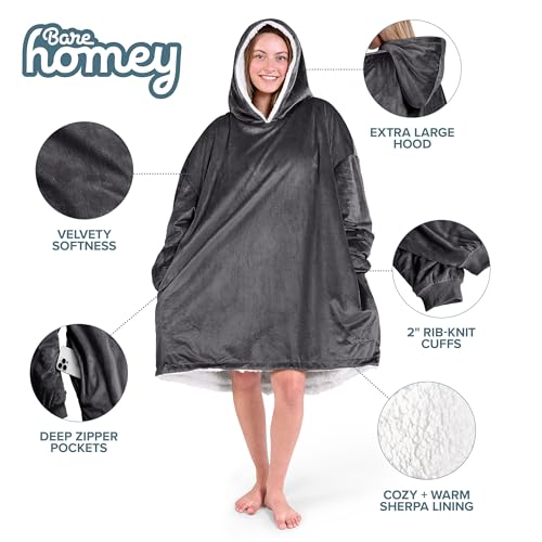 Image of Bare Home Wearable Blanket Hoodie - Soft Plush Sherpa - Warm and Cozy - Oversized Wearable Blanket
