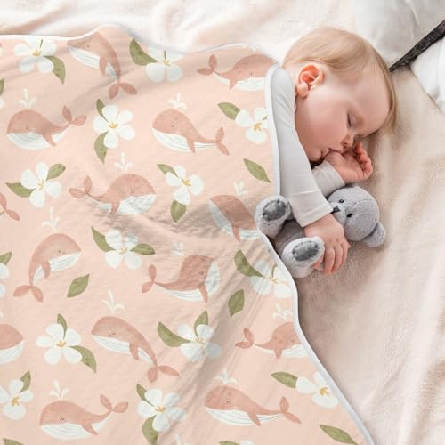 Image of Animal Whales Pink Baby Swaddle Blanket for Boys and Girls, Cute Muslin Baby Receiving Swaddle Blanket, Soft Cotton Nursery Swaddling Blankets for Newborn Toddler Infant, 30x40 in