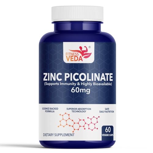 Image of Fitness Veda Zinc Picolinate 60 mg Supplement | High Absorption, Cellular Health | Highly Bioavailable Capsules | Vegetarian Dietary Supplement | 60 Veggie Capsules