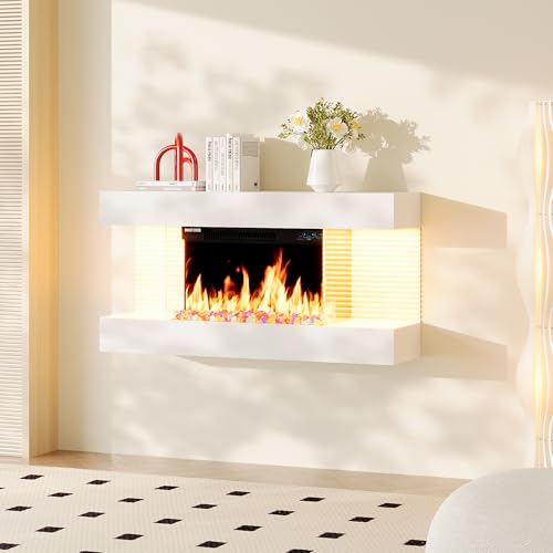 COCO DESIGN 32-Inch Floating Mantel with 18 Inch Wall Mounted Electric Fireplace, All-in-One Fireplace with Colored Crystal Stone, Multi Ambient Light Colors with Remote, 1500W Heater, White