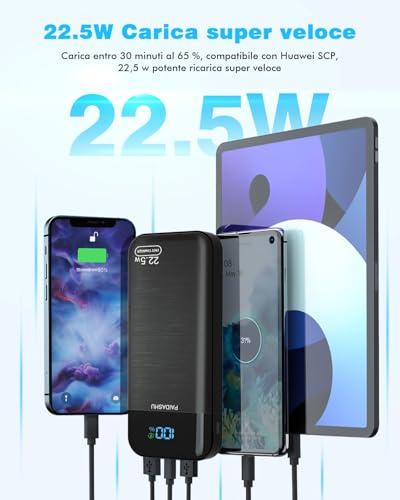 Power Bank 27.000mAh 22.5W PD3.0 QC4.0 Ricarica Rapida Batteria Esterna 3A USB C Caricatore Portatile con LCD Display Digitale 3 Uscite e 2 Ingressi per Smartphone and more
