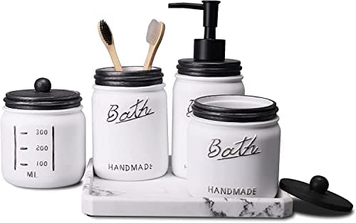 LKKL Mason Jar Bathroom Accessories - 5PCS Mason Jars Soap and Lotion Dispenser Set - Bathroom Sets 2 Apothecary Jars, 1 Toothbrush Holder, 1 Soap Dispenser, 1 Bathroom Tray (Black/White)